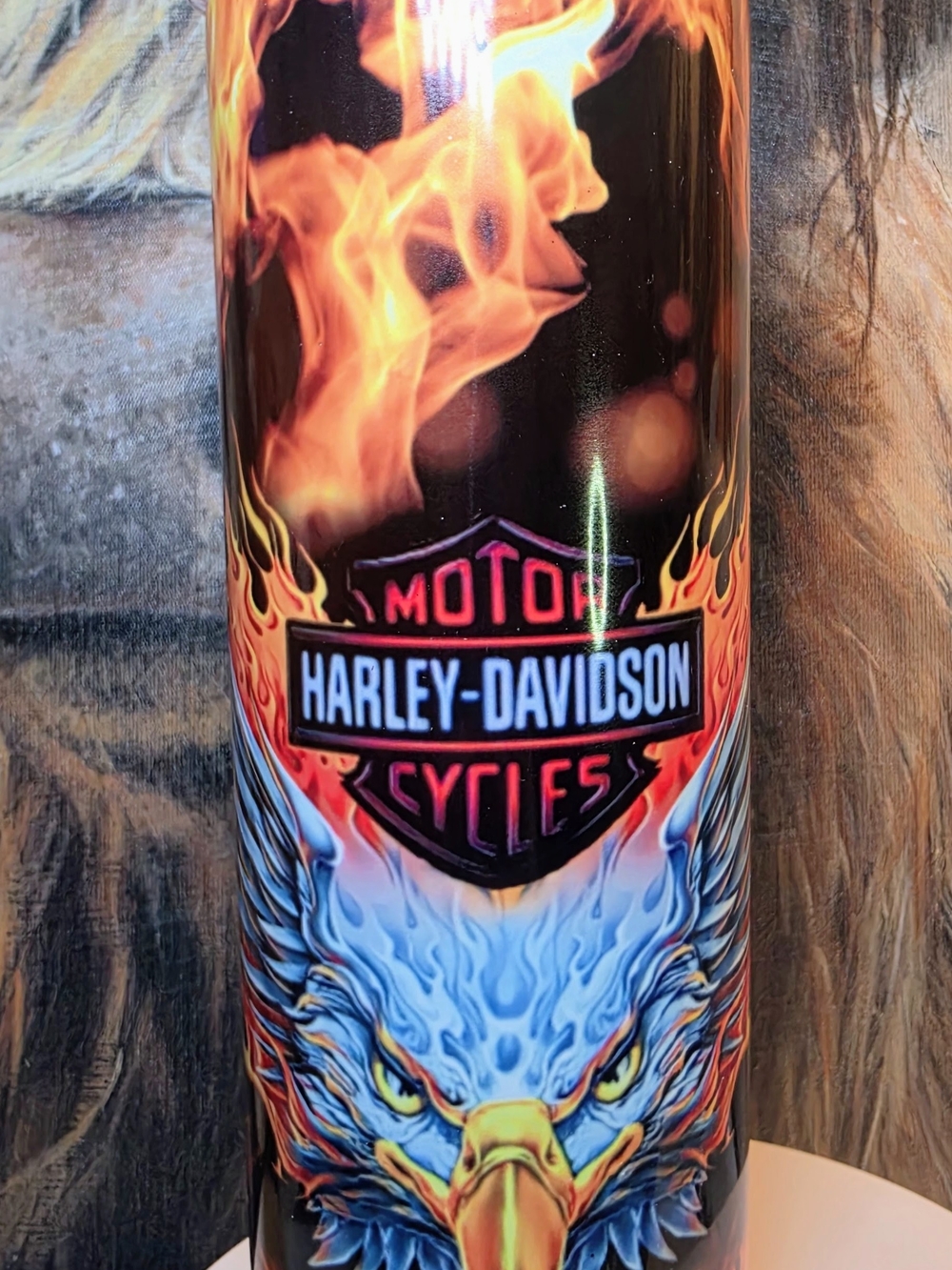New Harley-Davidson Black Tumbler with Orange Flames and Blue Eagle Artwork